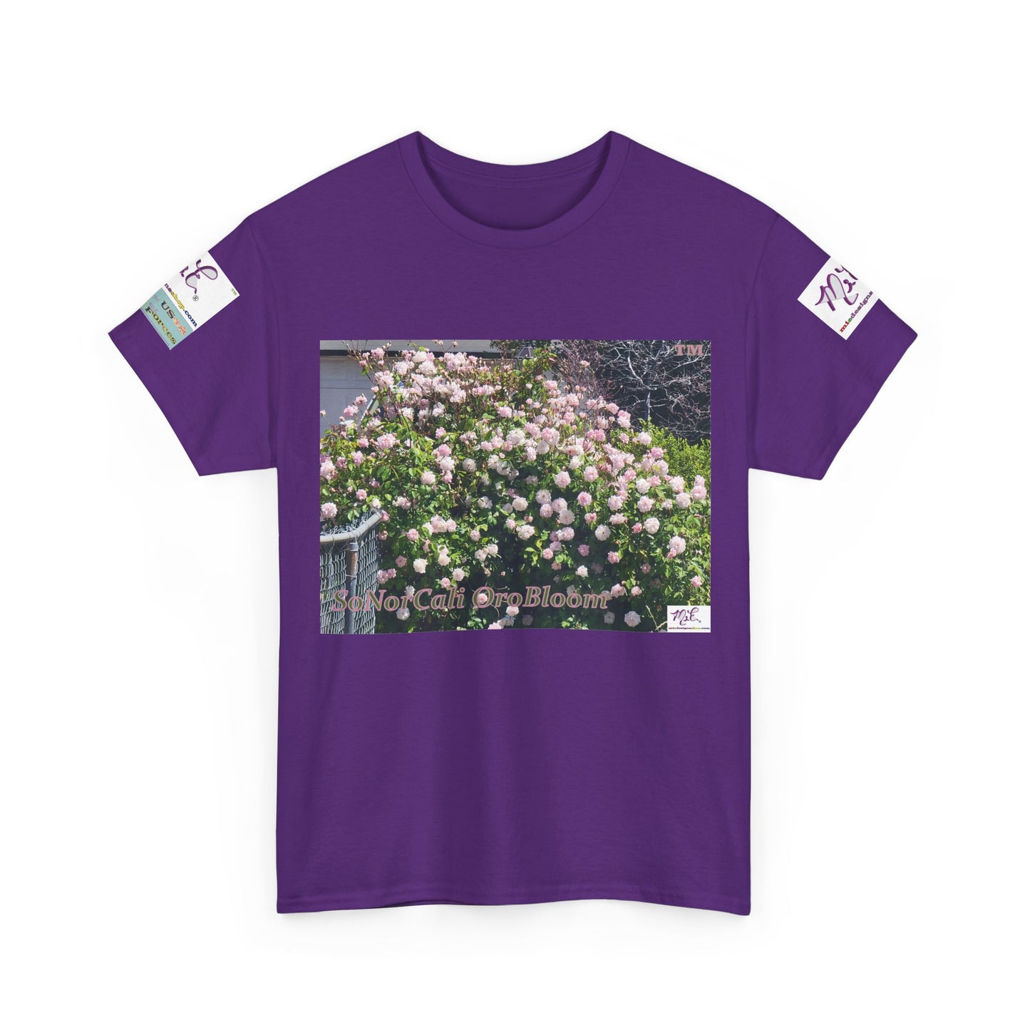 Unisex Heavy Cotton Tee: "SoNorCali(tm)" - "OroBloom(tm)" - Sleeve Logos