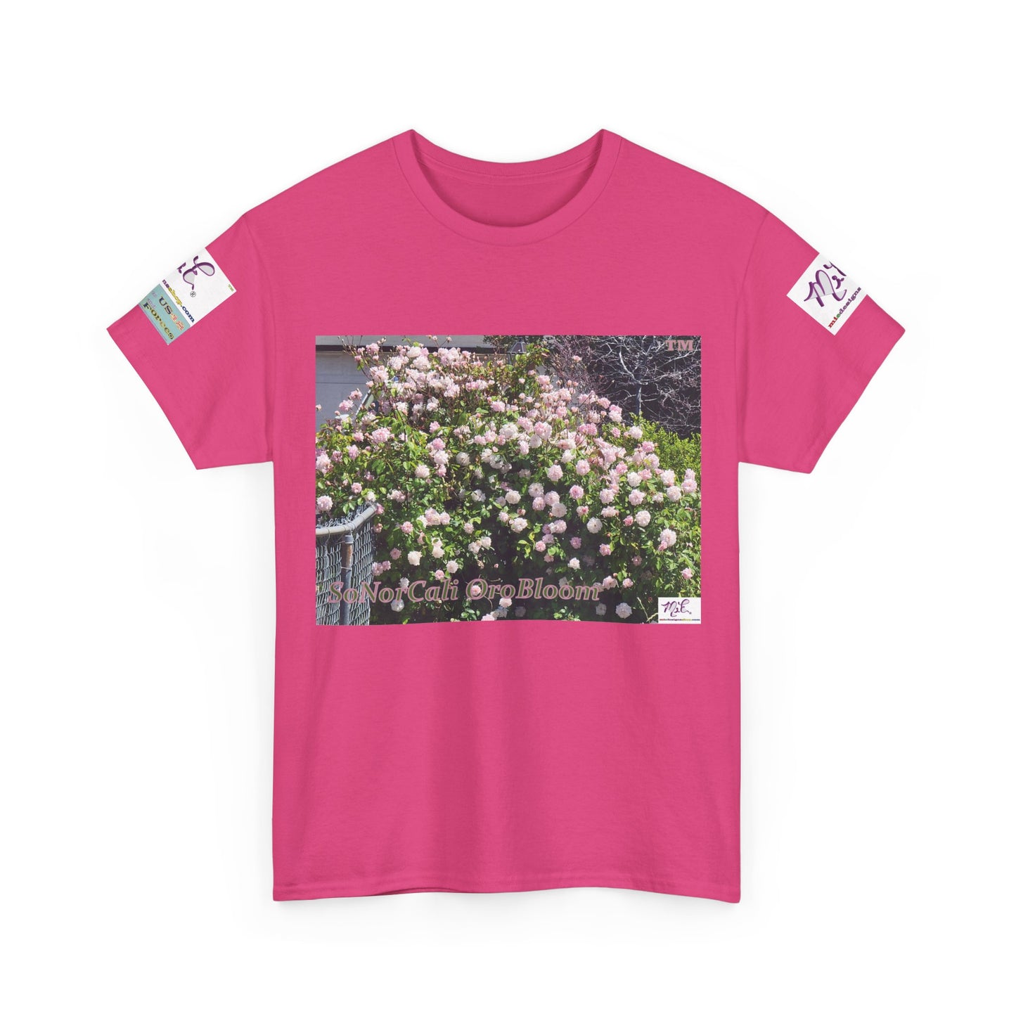 Unisex Heavy Cotton Tee: "SoNorCali(tm)" - "OroBloom(tm)" - Sleeve Logos