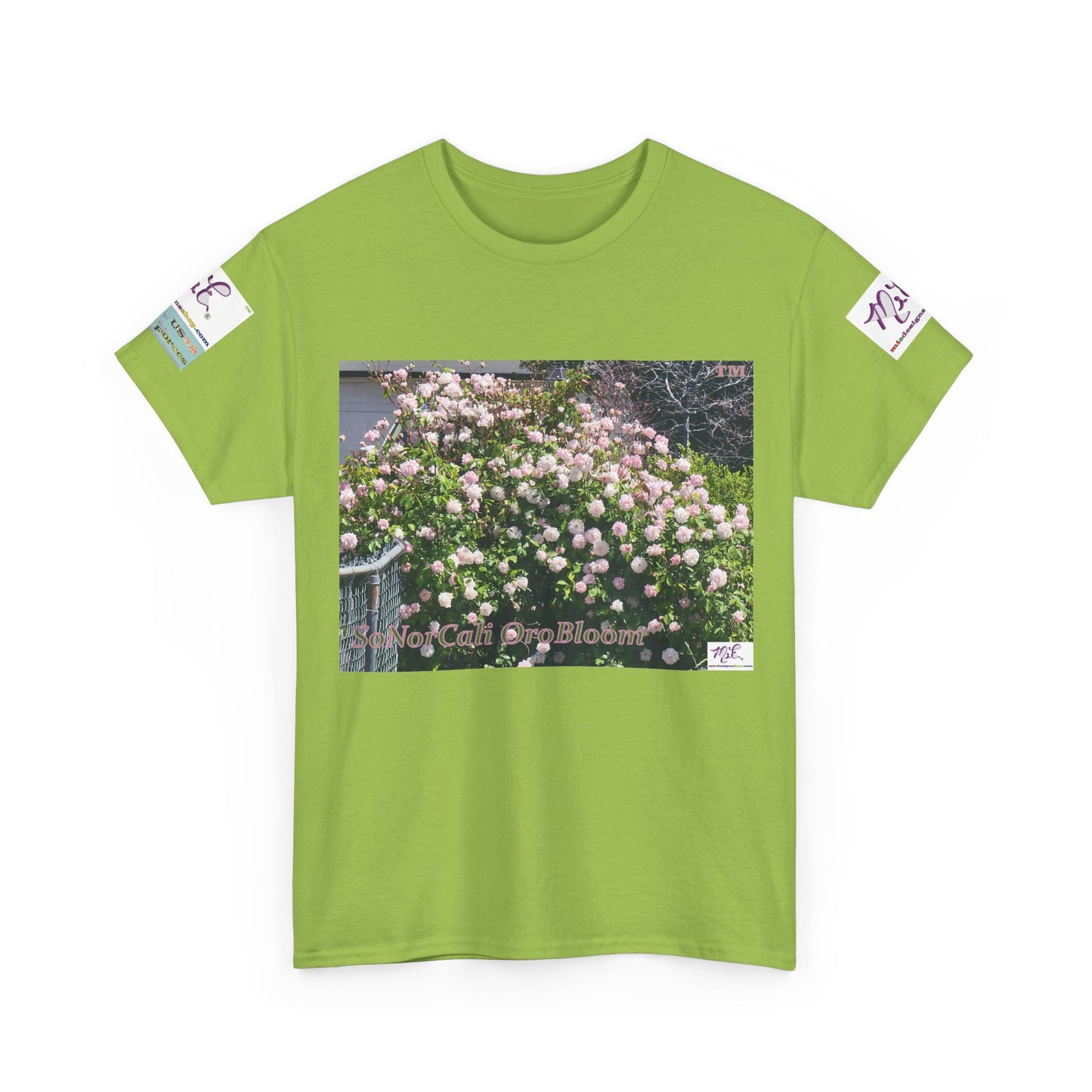 Unisex Heavy Cotton Tee: "SoNorCali(tm)" - "OroBloom(tm)" - Sleeve Logos