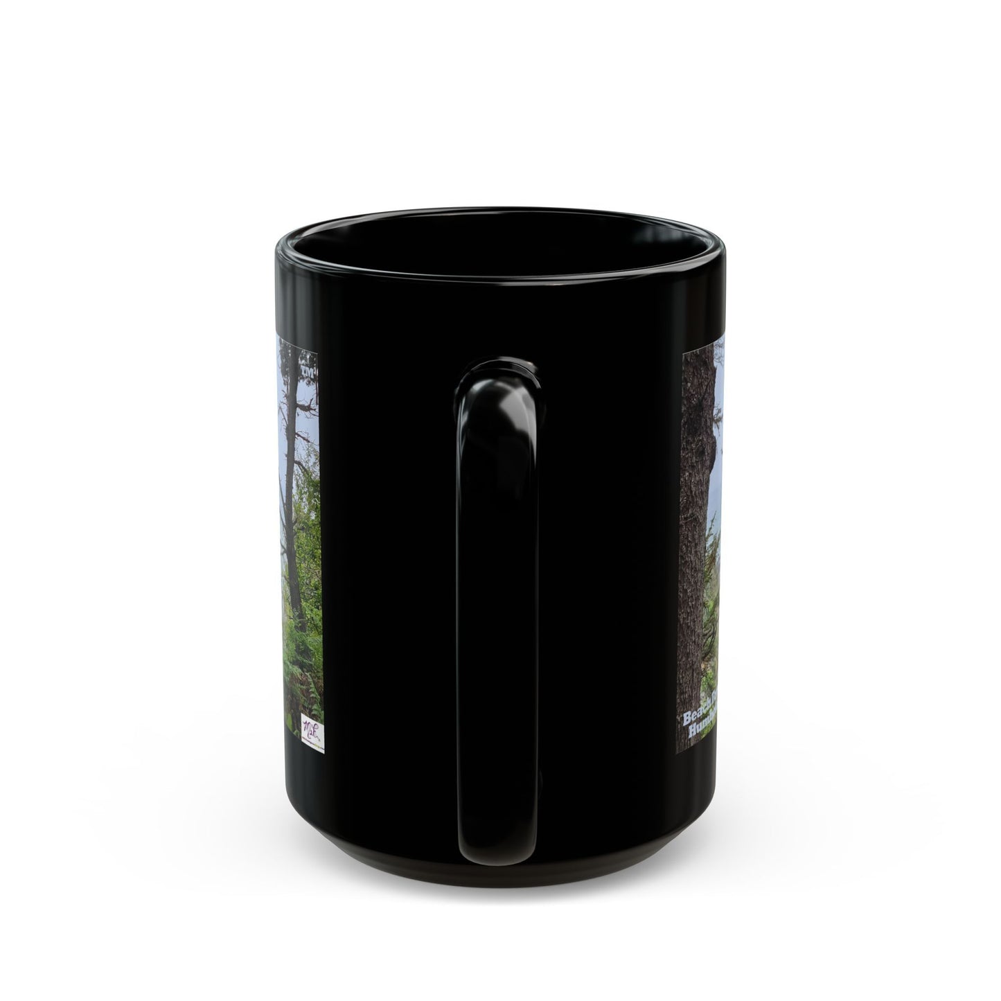 Black Mug 15oz - "Beach Forest Humboldt(tm)" - MiE Designs Shop. Sitka Spuce flank a trailhead leading down to rocky coastline below. Handle view