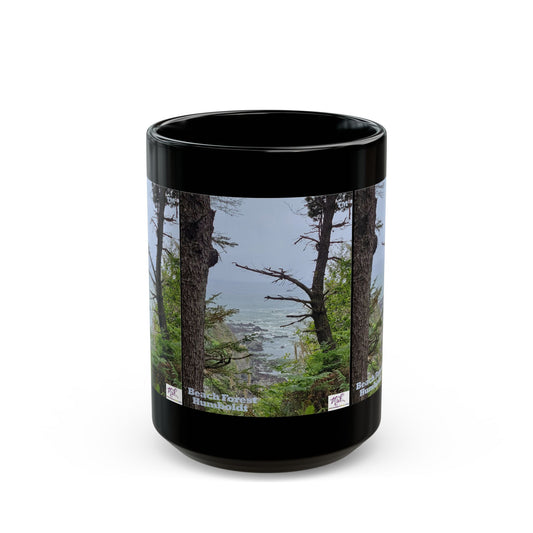 Black Mug 15oz - "Beach Forest Humboldt(tm)" - MiE Designs Shop. Sitka Spuce flank a trailhead leading down to rocky coastline below. Front view