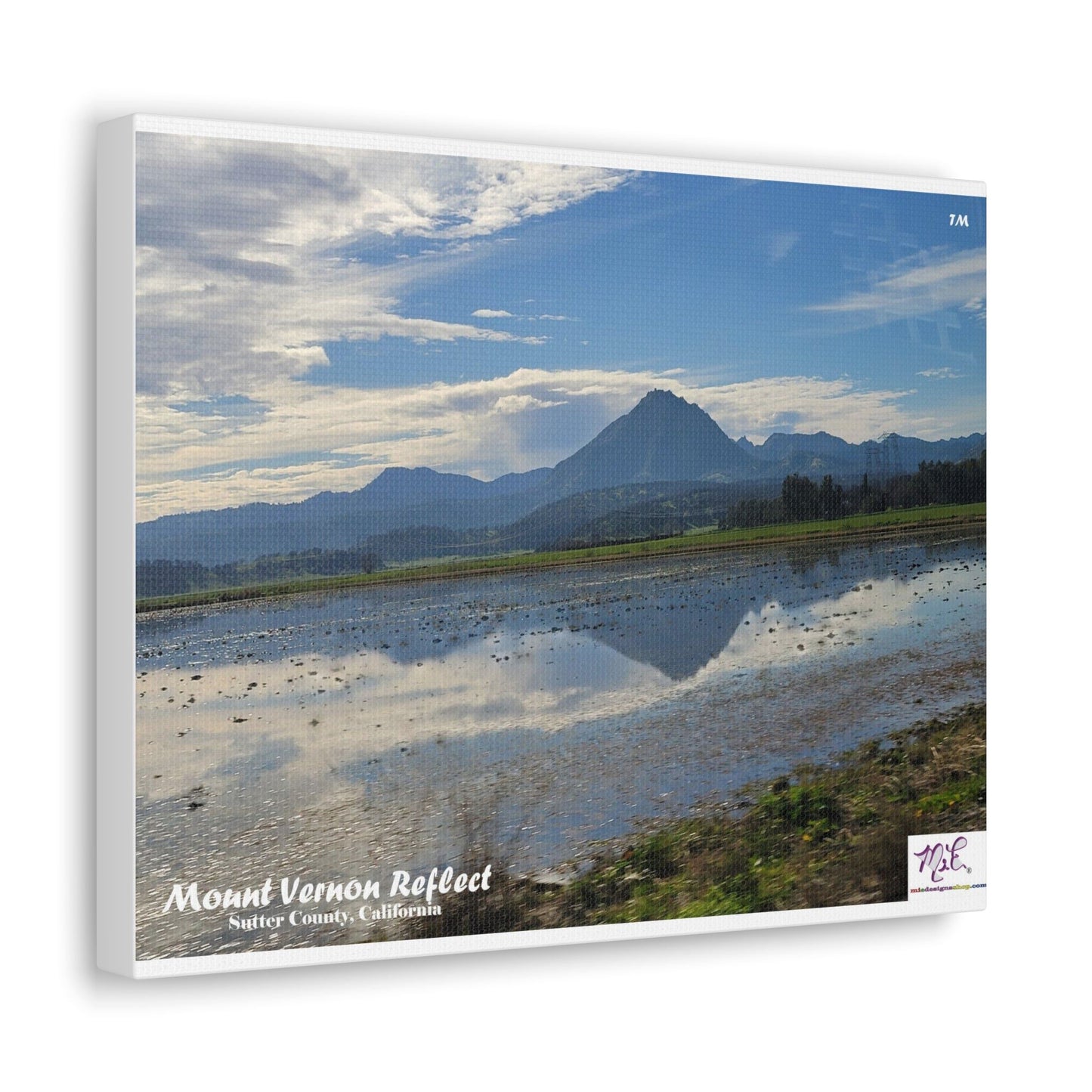 Canvas Gallery Wraps: "Mount Vernon Reflect(tm)" - MiE Designs Shop miedesignsshop.com Mirrored in puddle, Mt Vernon in Sutter Co., CA. 14x11 side view