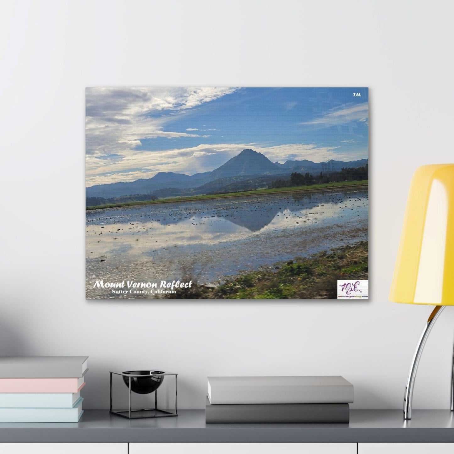 Canvas Gallery Wraps: "Mount Vernon Reflect(tm)" - MiE Designs Shop miedesignsshop.com Mirrored in puddle, Mt Vernon in Sutter Co., CA. 24x18 inch