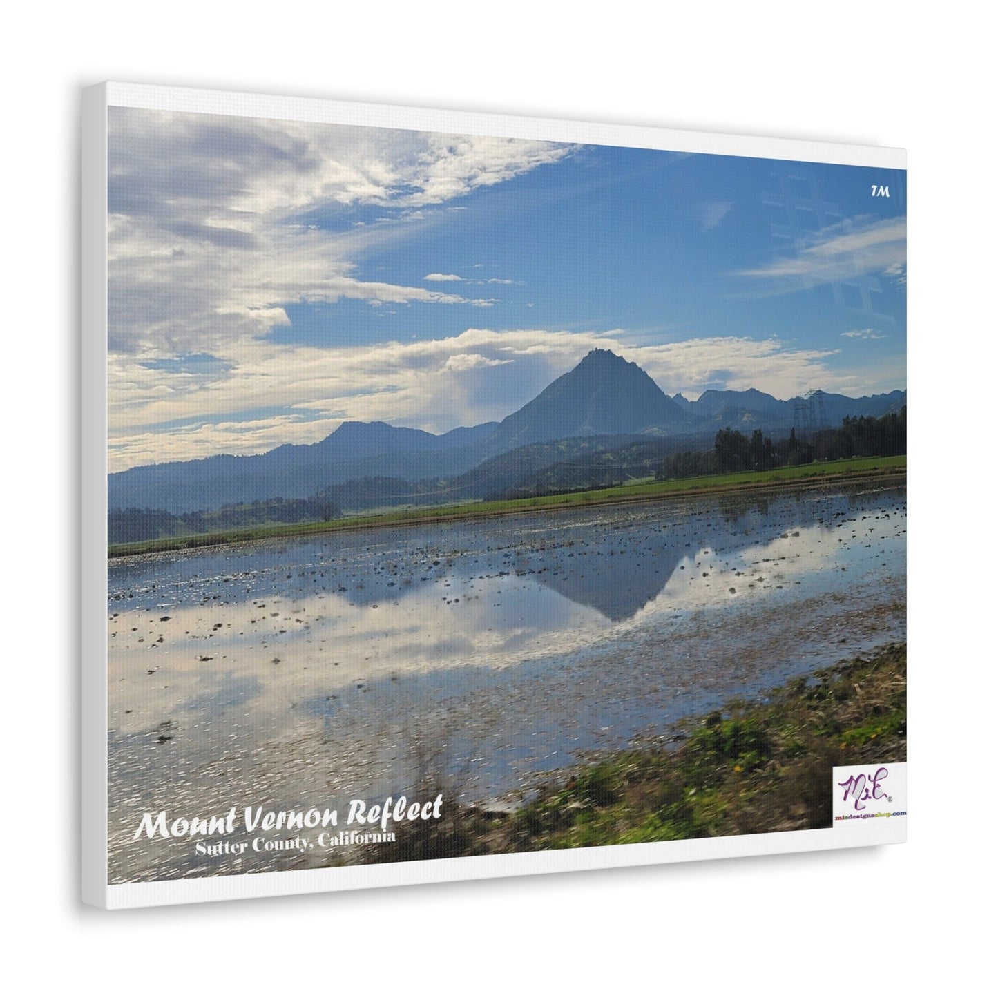 Canvas Gallery Wraps: "Mount Vernon Reflect(tm)" - MiE Designs Shop miedesignsshop.com Mirrored in puddle, Mt Vernon in Sutter Co., CA. 30x24 side view