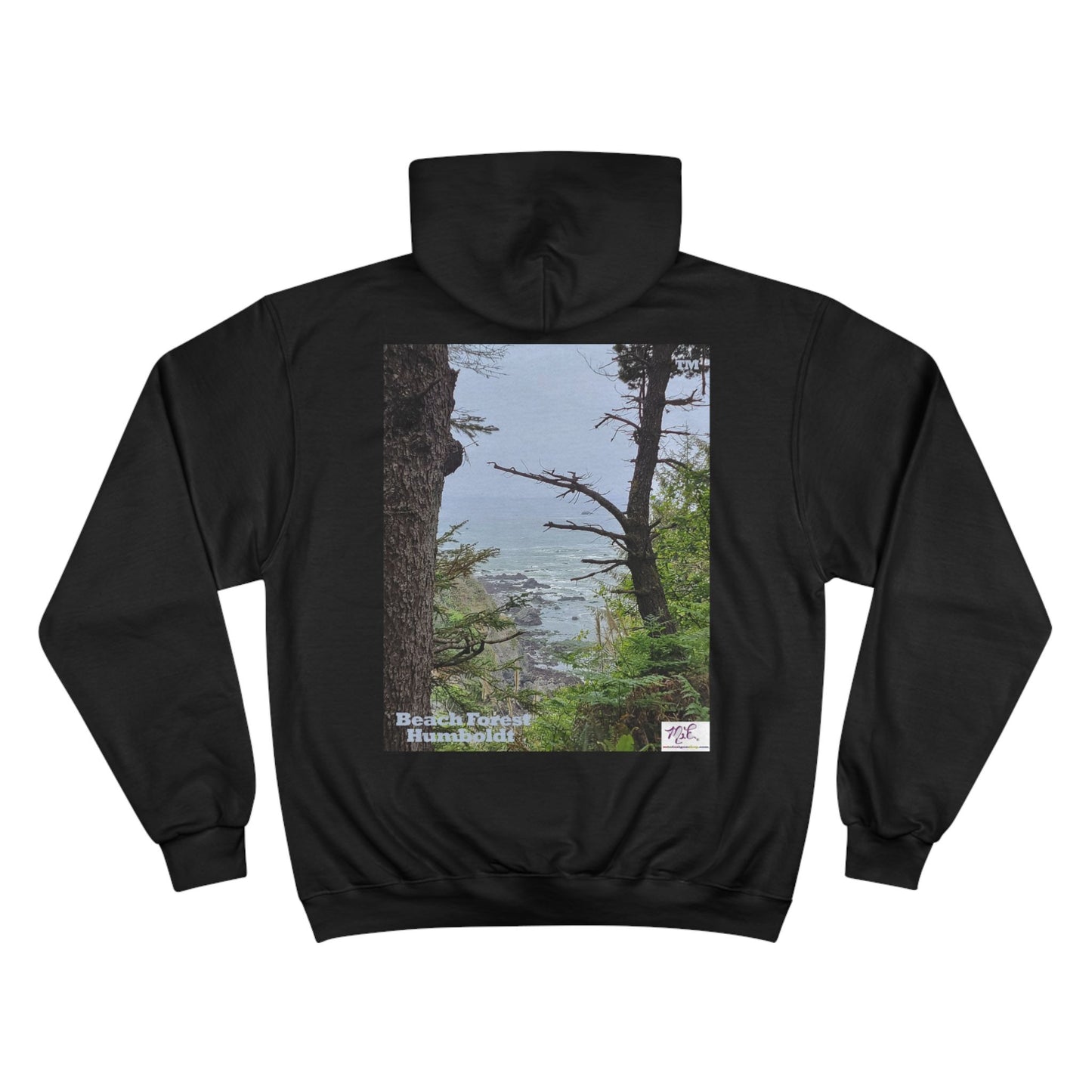 Champion Hoodie - "Beach Forest Humboldt(tm)" - Dark Green - MiE Designs Shop. Sitka Spuce flank a trailhead leading down to rocky coastline below. Print on back