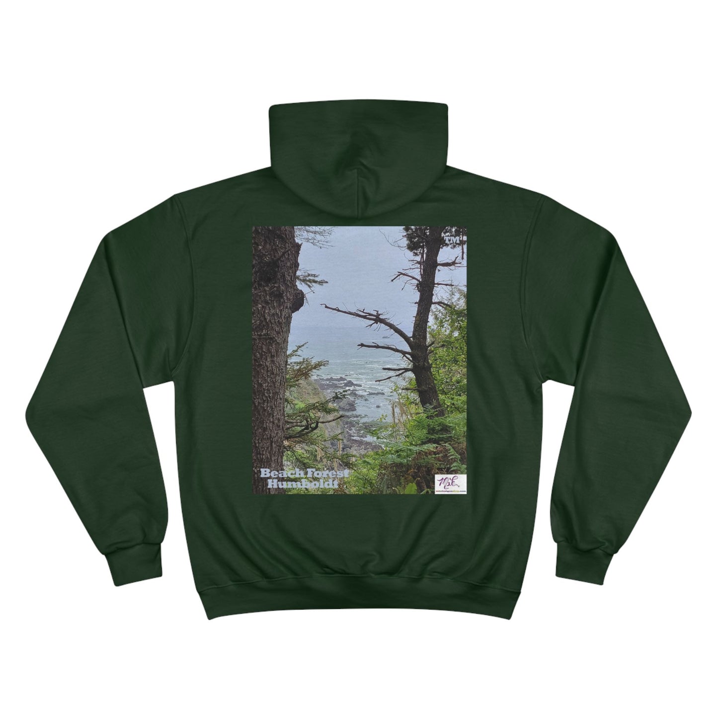 Champion Hoodie - "Beach Forest Humboldt(tm)" - Black - MiE Designs Shop. Sitka Spuce flank a trailhead leading down to rocky coastline below. Print on back