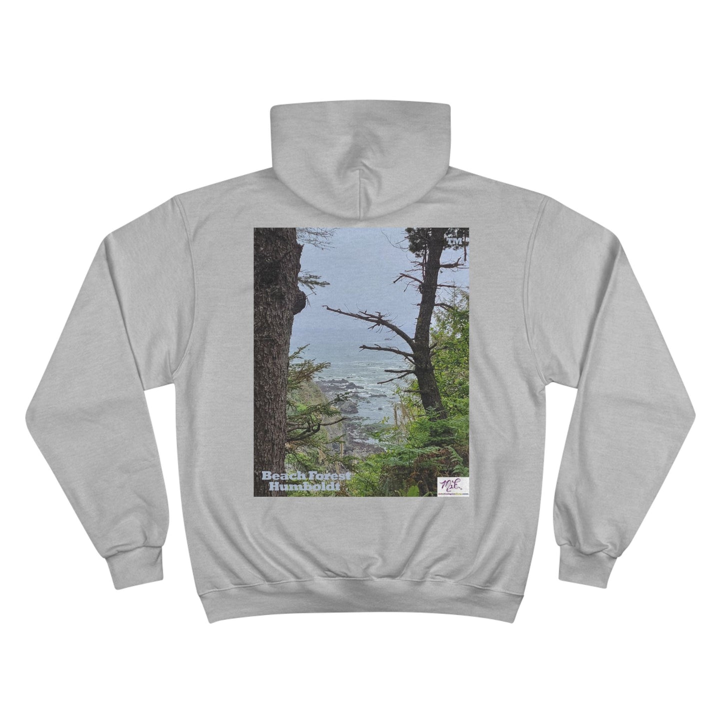 Champion Hoodie - "Beach Forest Humboldt(tm)" - Light Gray - MiE Designs Shop. Sitka Spuce flank a trailhead leading down to rocky coastline below. Print on back
