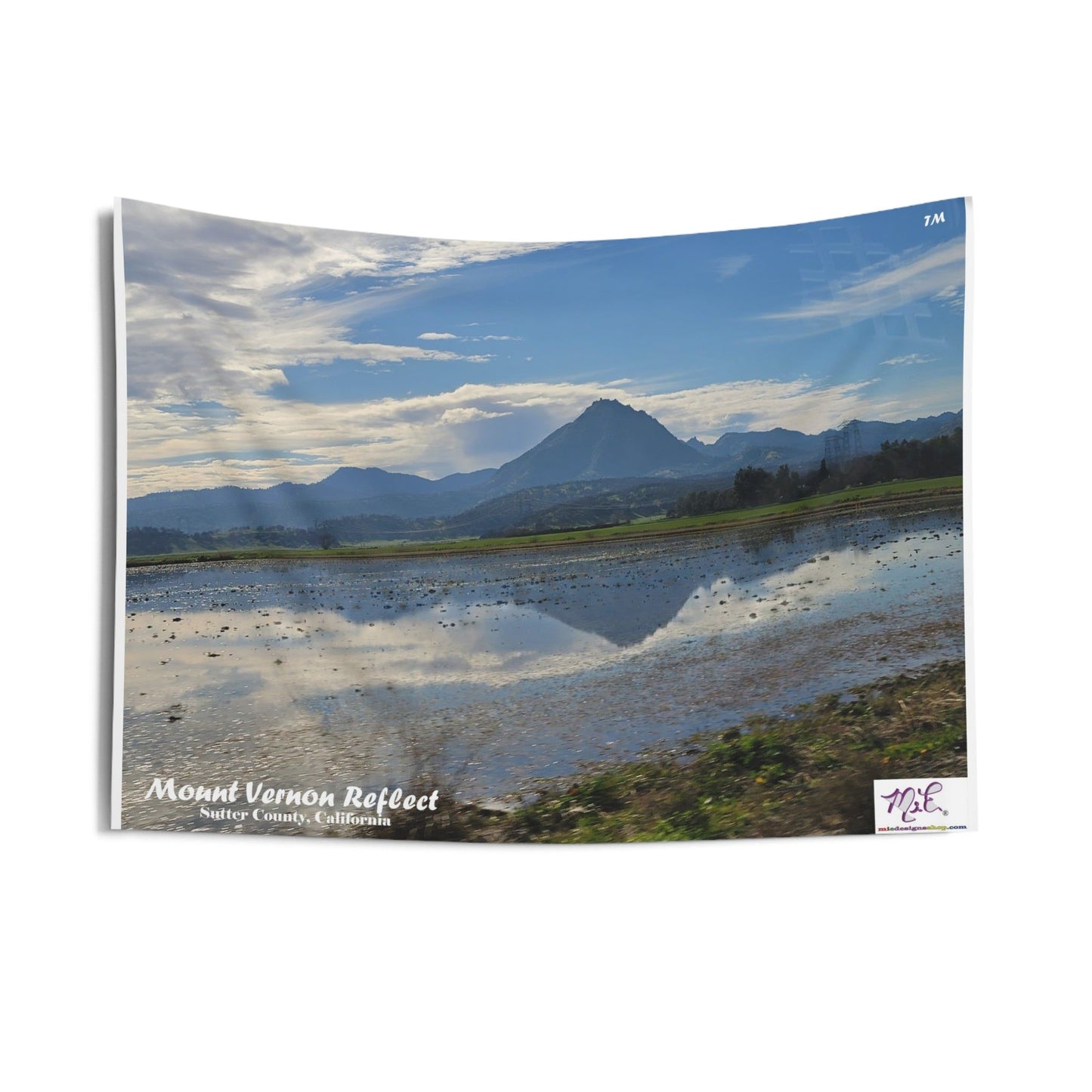 Indoor Wall Tapestries: "Mount Vernon Reflect(tm)" - MiE Designs Shop miedesignsshop.com Mirrored in puddle, Mt Vernon in Sutter Co., CA. 36x26 inch