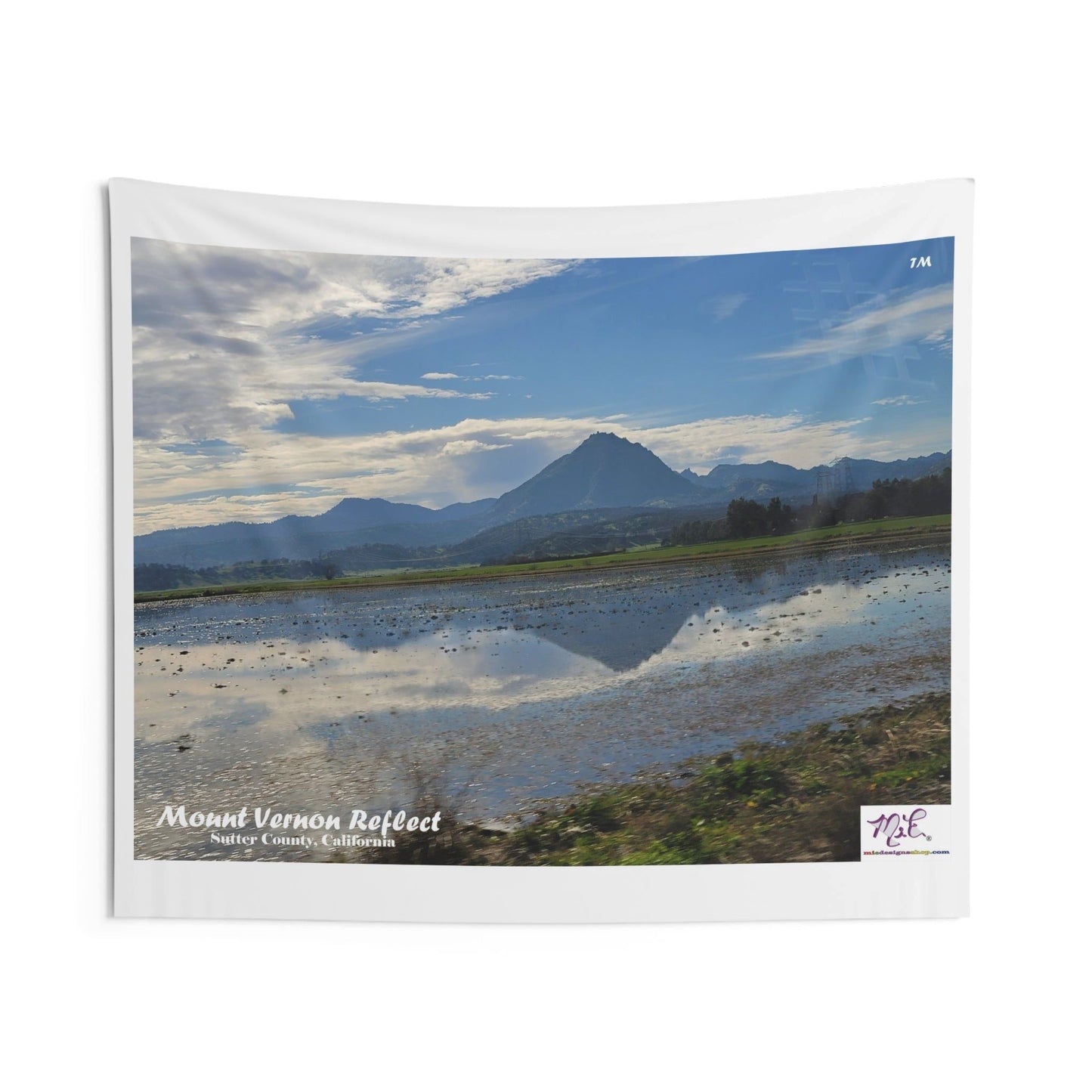 Indoor Wall Tapestries: "Mount Vernon Reflect(tm)" - MiE Designs Shop miedesignsshop.com Mirrored in puddle, Mt Vernon in Sutter Co., CA. 60x50