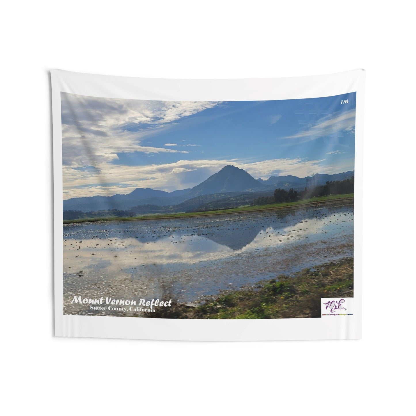 Indoor Wall Tapestries: "Mount Vernon Reflect(tm)" - MiE Designs Shop miedesignsshop.com Mirrored in puddle, Mt Vernon in Sutter Co., CA. 80x68 inch