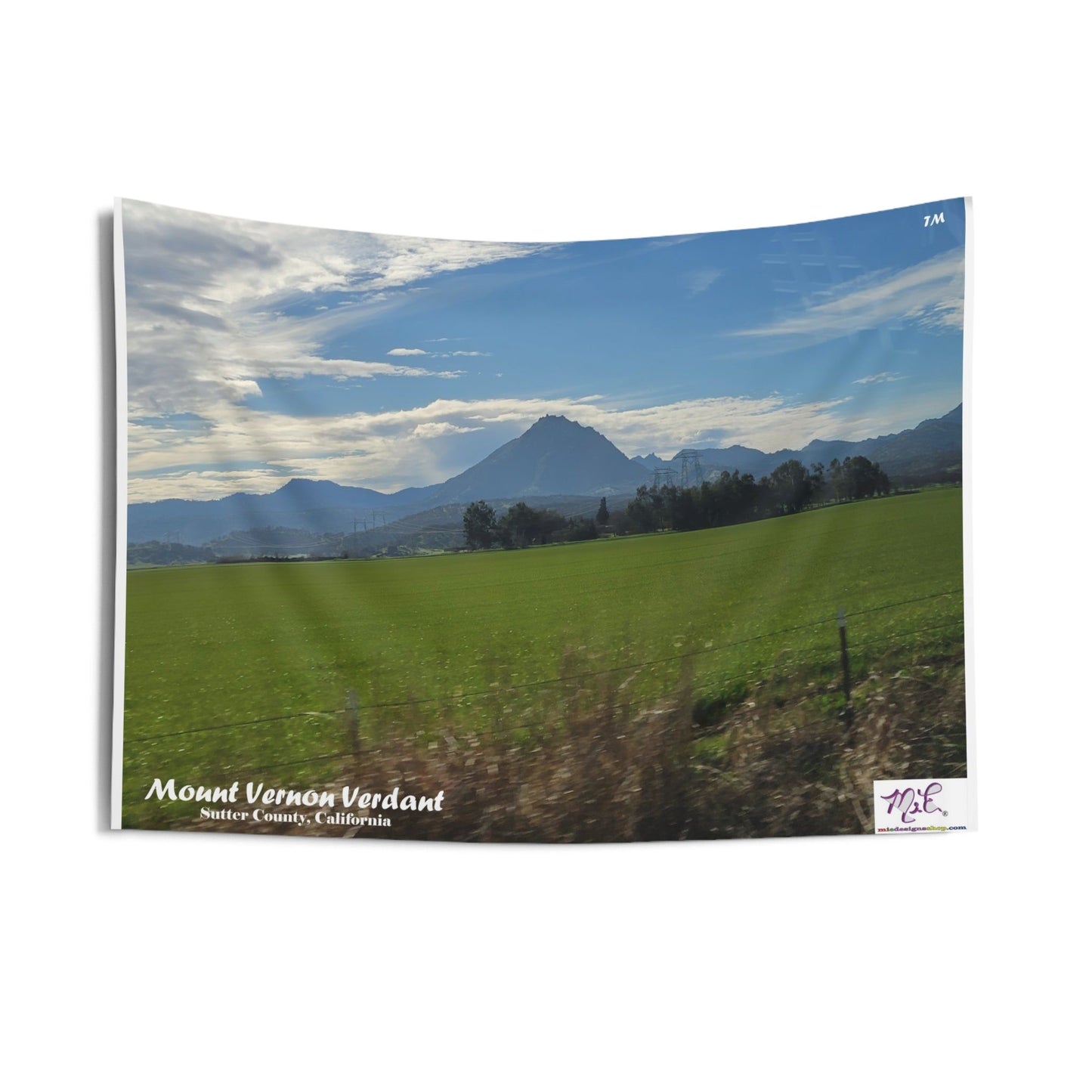 Indoor Wall Tapestries: "Mount Vernon Verdant(tm)" - MiE Designs Shop miedesignsshop.com Looming large, Mount Vernon, part of the Sutter Buttes. 36x26 inch