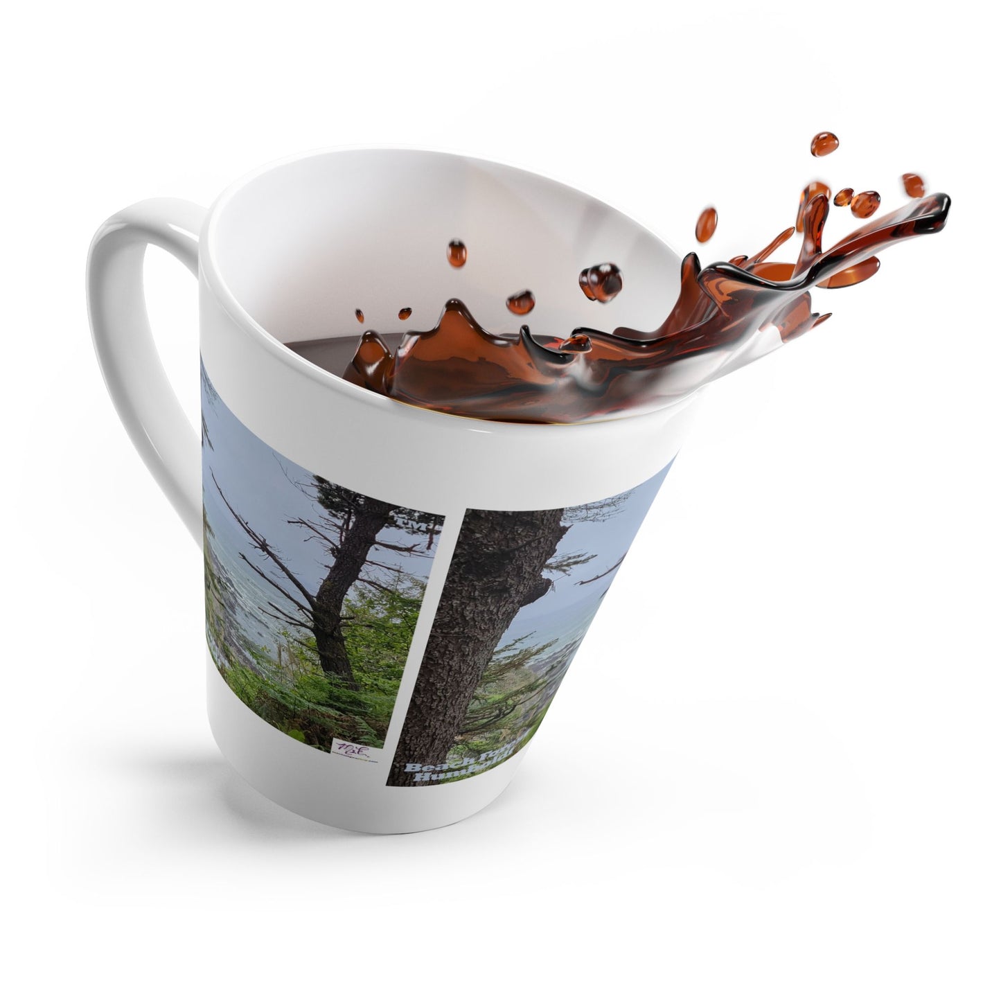 Latte Mug 12oz - "Beach Forest Humboldt(tm)" - MiE Designs Shop. Sitka Spuce flank a trailhead leading down to rocky coastline below. Splash1