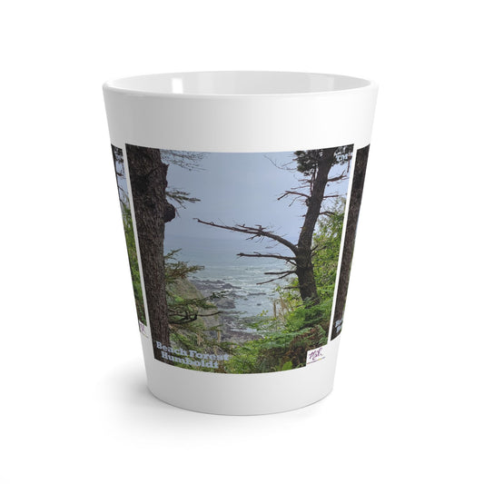 Latte Mug 12oz - "Beach Forest Humboldt(tm)" - MiE Designs Shop. Sitka Spuce flank a trailhead leading down to rocky coastline below. Front view