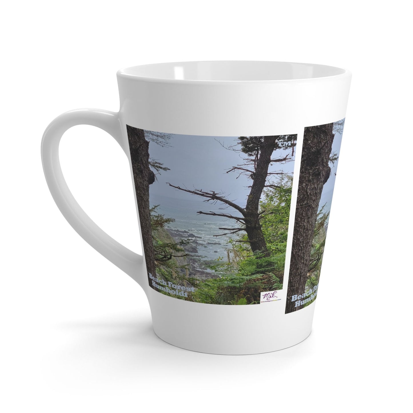 Latte Mug 12oz - "Beach Forest Humboldt(tm)" - MiE Designs Shop. Sitka Spuce flank a trailhead leading down to rocky coastline below. Left view