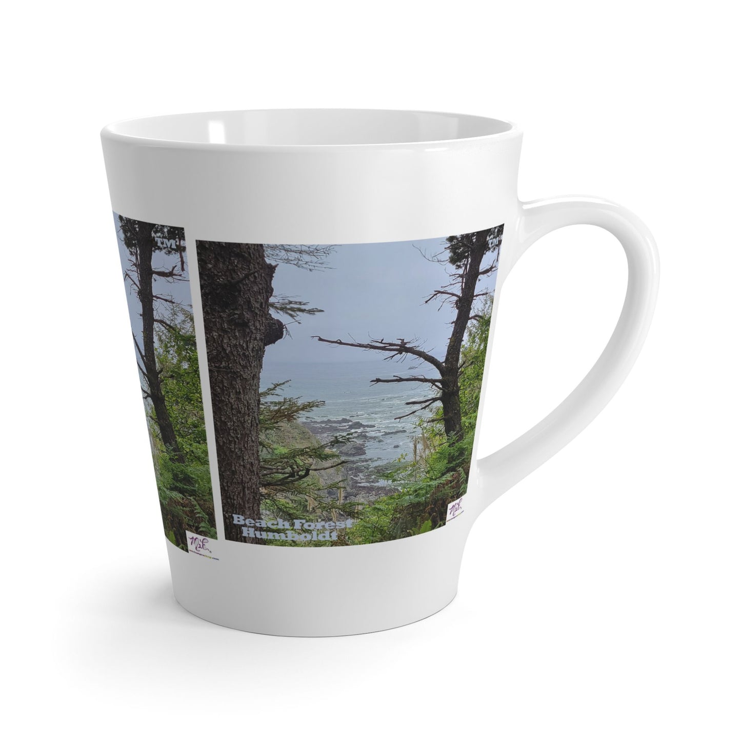 Latte Mug 12oz - "Beach Forest Humboldt(tm)" - MiE Designs Shop. Sitka Spuce flank a trailhead leading down to rocky coastline below. Right view