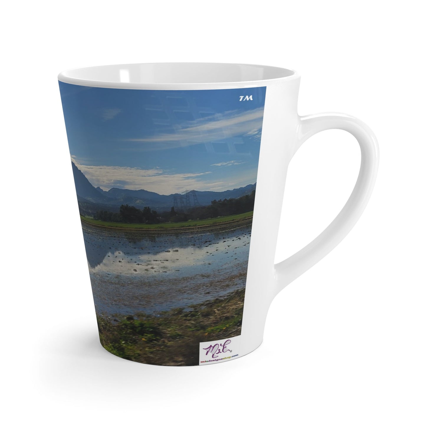 Latte Mug-Mount_Vernon_Reflect-MiE Designs Shop miedesignsshop.com Mirrored by oversized puddle, Mount Vernon in Sutter Co. Right