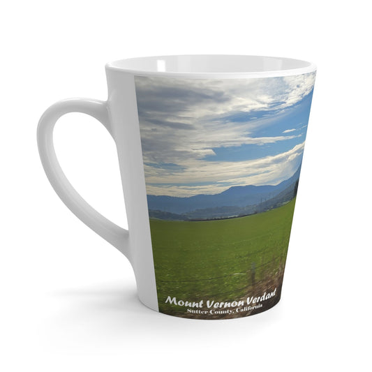 Latte Mug-Mount_Vernon_Verdant-MiE Designs Shop miedesignsshop.com High above a grassy meadow, Mount Vernon in Sutter Co. Left