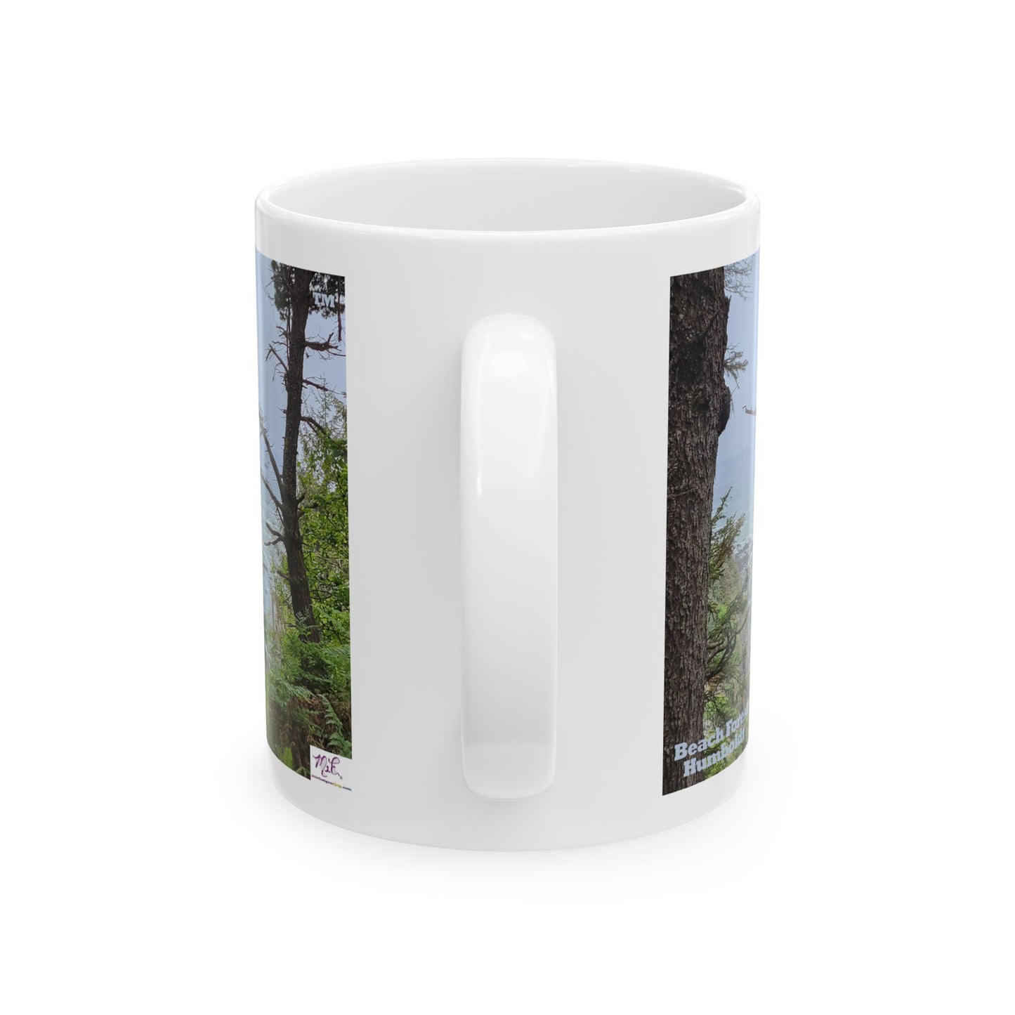 Ceramic Mug 11oz - "Beach Forest Humboldt(tm)" - MiE Designs Shop. Sitka Spuce flank a trailhead leading down to rocky coastline below. Handle view