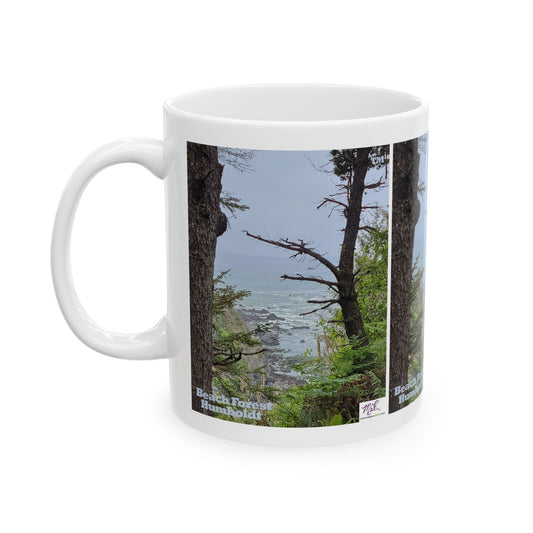 Ceramic Mug 11oz - "Beach Forest Humboldt(tm)" - MiE Designs Shop. Sitka Spuce flank a trailhead leading down to rocky coastline below. Left view