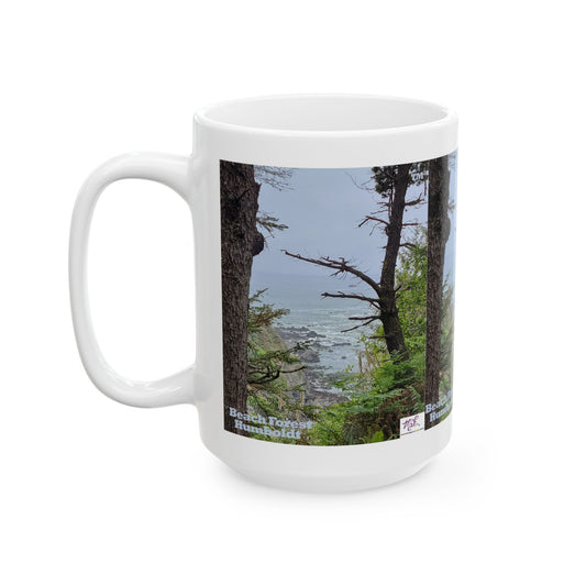 Ceramic Mug 15oz - "Beach Forest Humboldt(tm)" - MiE Designs Shop. Sitka Spuce flank a trailhead leading down to rocky coastline below. Left view