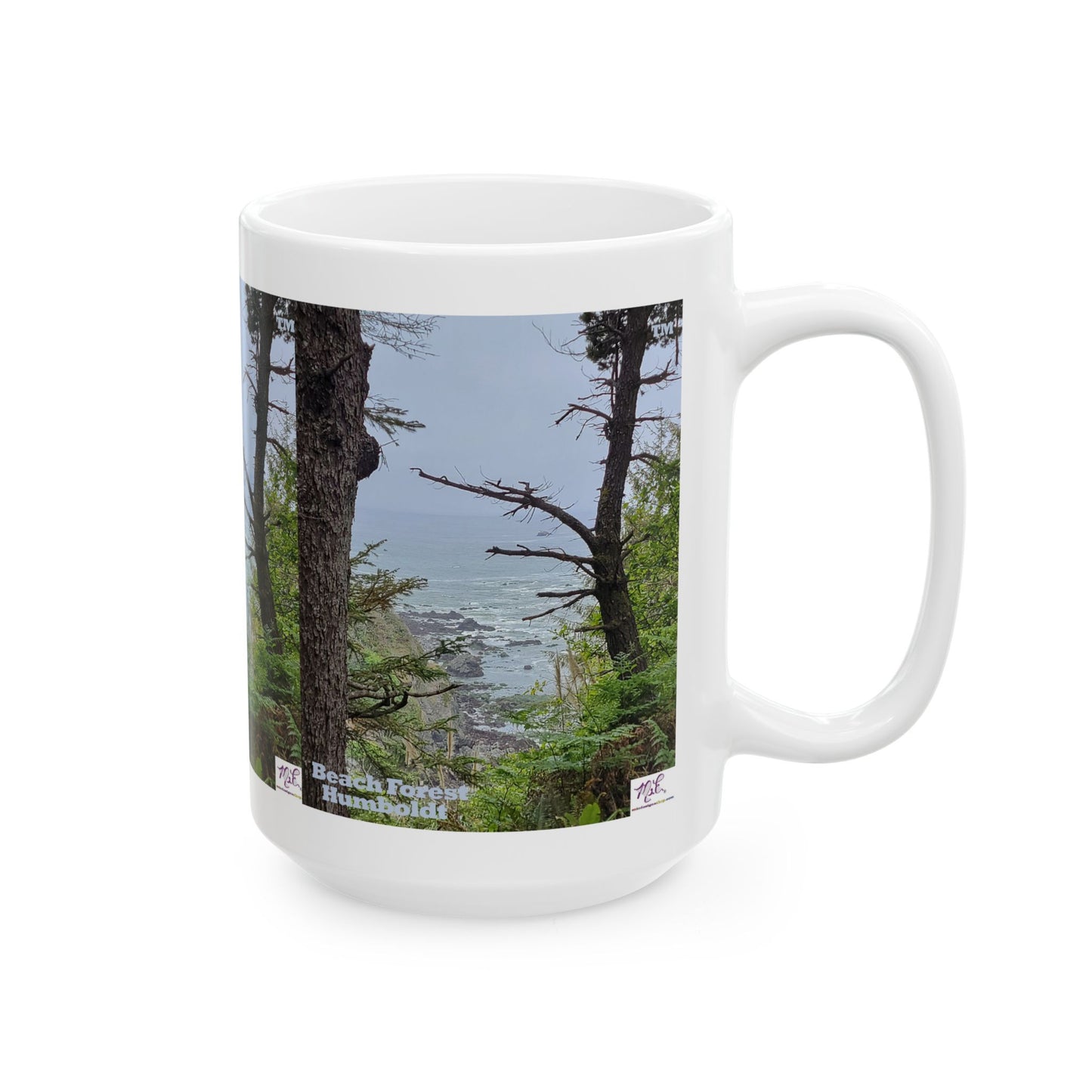 Ceramic Mug 15oz - "Beach Forest Humboldt(tm)" - MiE Designs Shop. Sitka Spuce flank a trailhead leading down to rocky coastline below. Right view