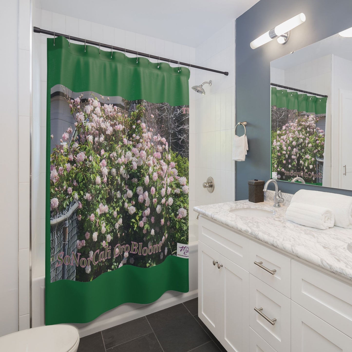 Shower Curtains: "SoNorCali OroBloom(tm)" - Dark Green Background - Mie Designs Shop. Blooming Northern California pink roses; Full bathroom concept