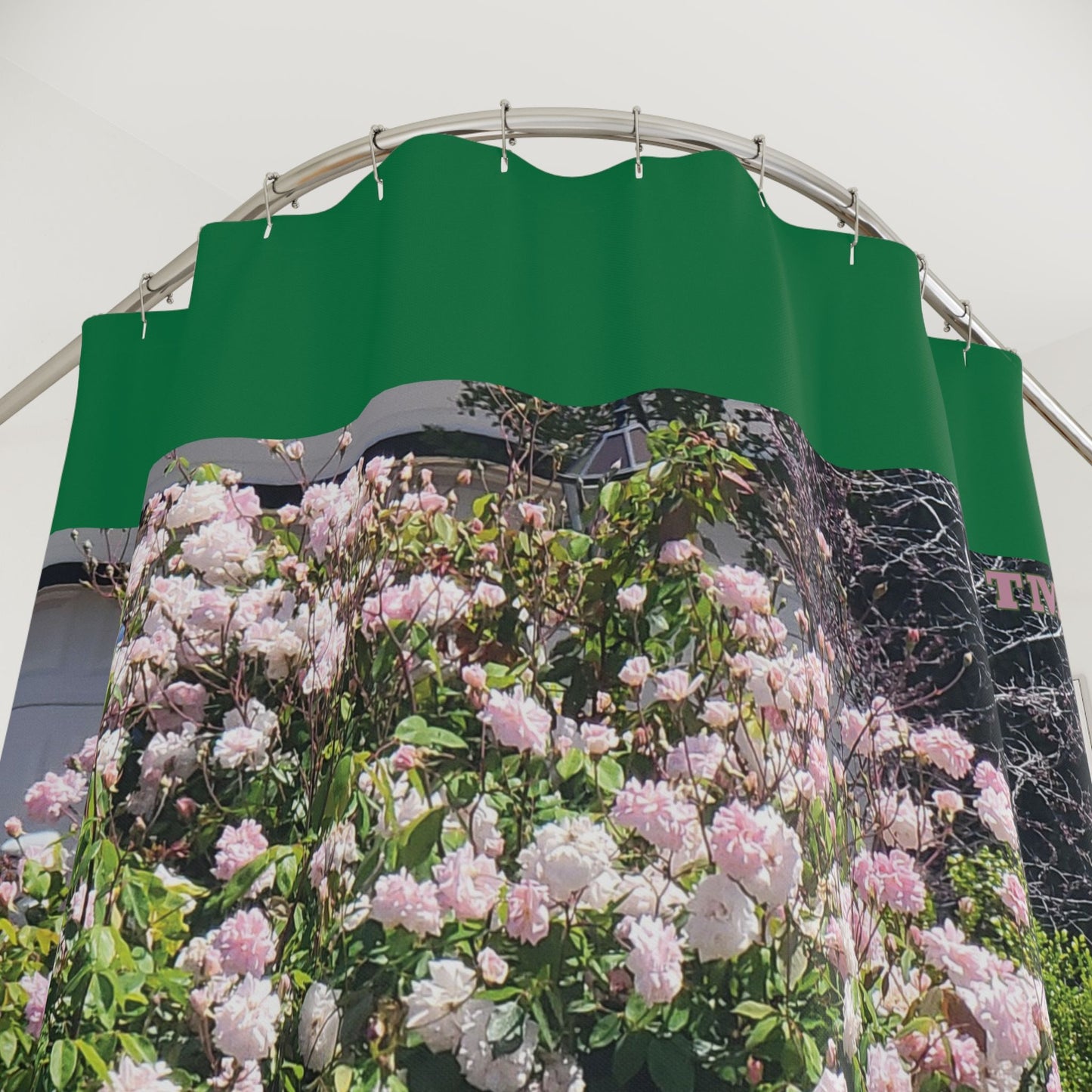 Shower Curtains: "SoNorCali OroBloom(tm)" - Dark Green Background - Mie Designs Shop. Blooming Northern California pink roses; Ring view