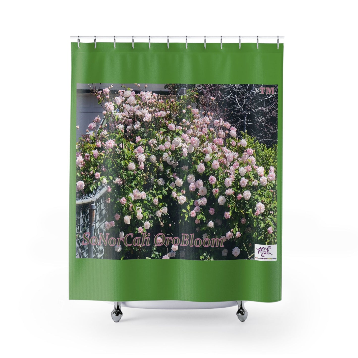 Shower Curtains: "SoNorCali OroBloom(tm)" - Medium Green Background