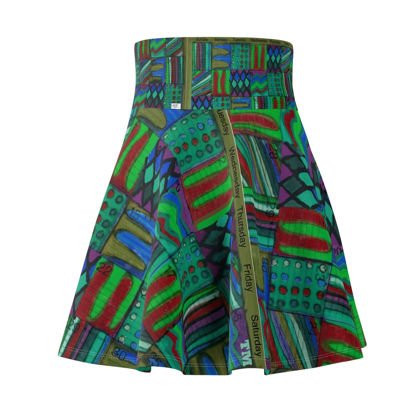 Womens Skater Skirt - "Psychedelic Calendar(tm)" - Chilled - MiE Designs Shop miedesignsshop.com Moodiest patterned mosaic calendar. Rear view