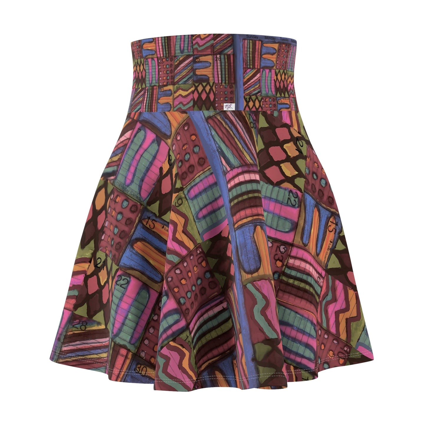 Womens Skater Skirt - "Psychedelic Calendar(tm)" - Muted - MiE Designs Shop miedesignsshop.com Understated colors in mosaic calendar. Front view