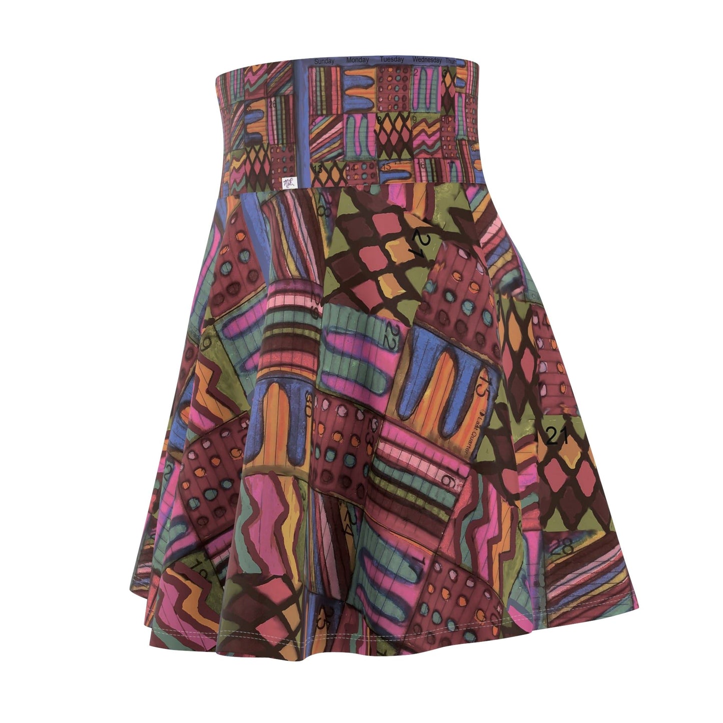 Womens Skater Skirt - "Psychedelic Calendar(tm)" - Muted - MiE Designs Shop miedesignsshop.com Understated colors in mosaic calendar. Side view
