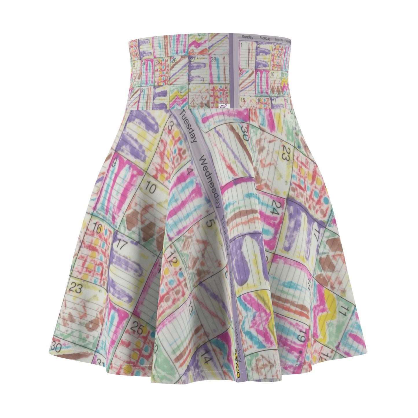 Womens Skater Skirt - "Psychedelic Calendar(tm)" - Seeped - MiE Designs Shop miedesignsshop.com Lightest version of large, mosaic calendar. Front view