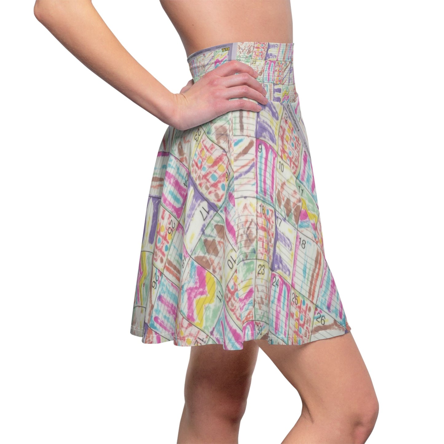 Womens Skater Skirt - "Psychedelic Calendar(tm)" - Seeped - MiE Designs Shop miedesignsshop.com Lightest version of large, mosaic calendar. Model side
