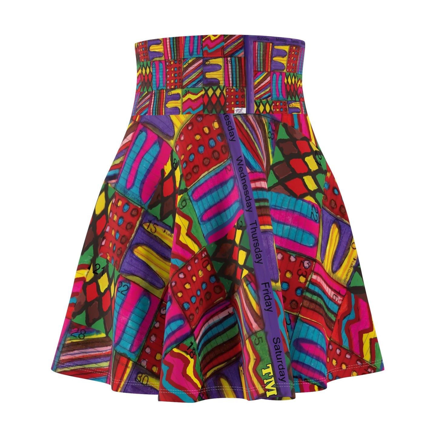 Womens Skater Skirt - "Psychedelic Calendar(tm)" - Vibrant - MiE Designs Shop miedesignsshop.com Most saturated, brightest mosaic calendar. Front view