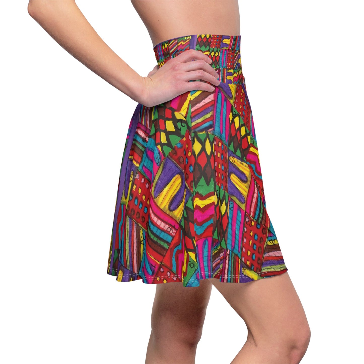 Womens Skater Skirt - "Psychedelic Calendar(tm)" - Vibrant - MiE Designs Shop miedesignsshop.com Most saturated, mosaic calendar. Side view, model
