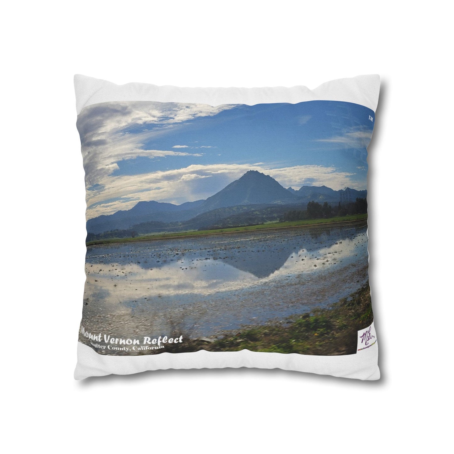 Spun Polyester Square Pillow Case – Mount Vernon Reflect - MiE Designs Shop miedesignsshop.com Mirrored in puddle, Mt Vernon in Sutter Co., CA