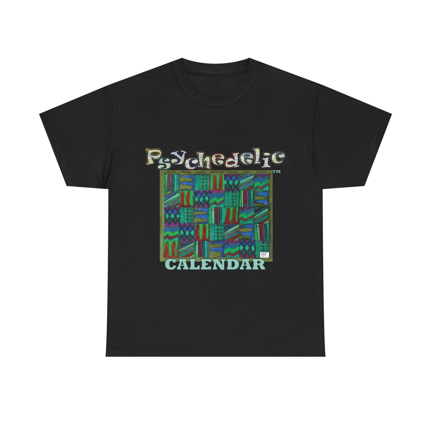 Unisex Heavy Cotton Tee - Psychedelic Calendar tm -Chilled tm - MiE Designs Shop miedesignsshop.com Moodiest patterned mosaic calendar. Flat black T-shirt, sizes 2XL-5XL