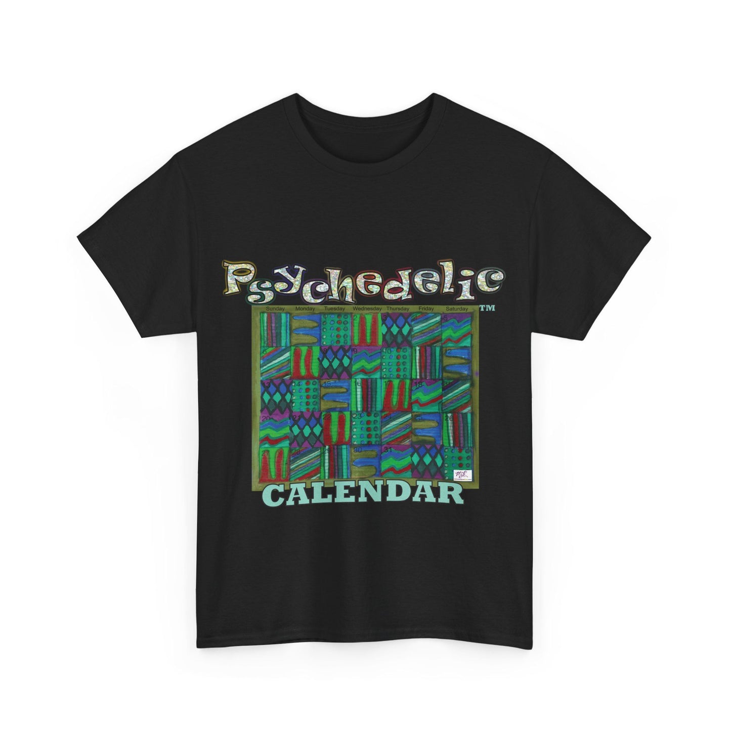 Unisex Heavy Cotton Tee - Psychedelic Calendar tm -Chilled tm - MiE Designs Shop miedesignsshop.com Moodiest patterned mosaic calendar. Flat black T-shirt, sizes S-XL