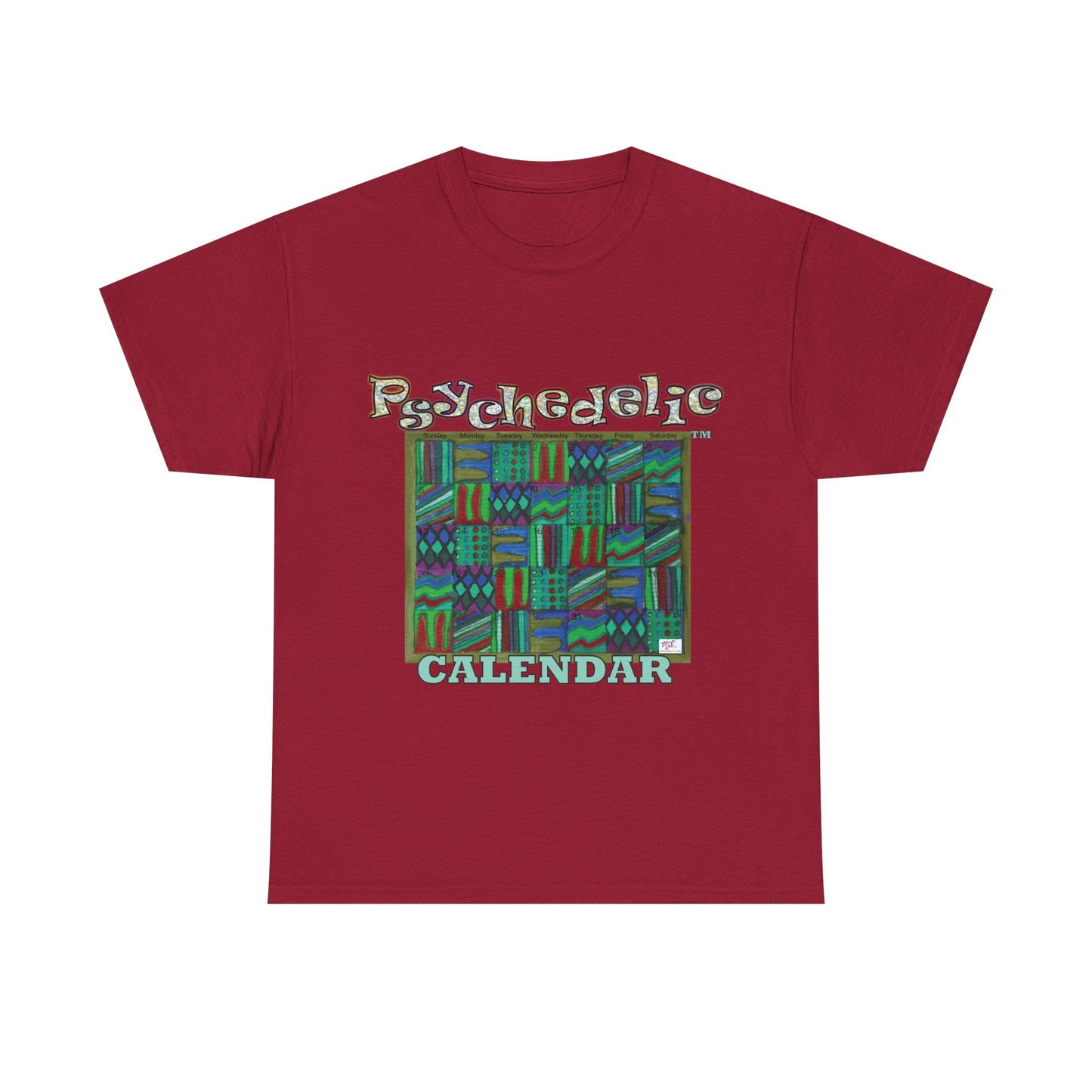 Unisex Heavy Cotton Tee - Psychedelic Calendar tm -Chilled tm - MiE Designs Shop miedesignsshop.com Moodiest patterned mosaic calendar. Cardinal red T-shirt, sizes 2XL-5XL