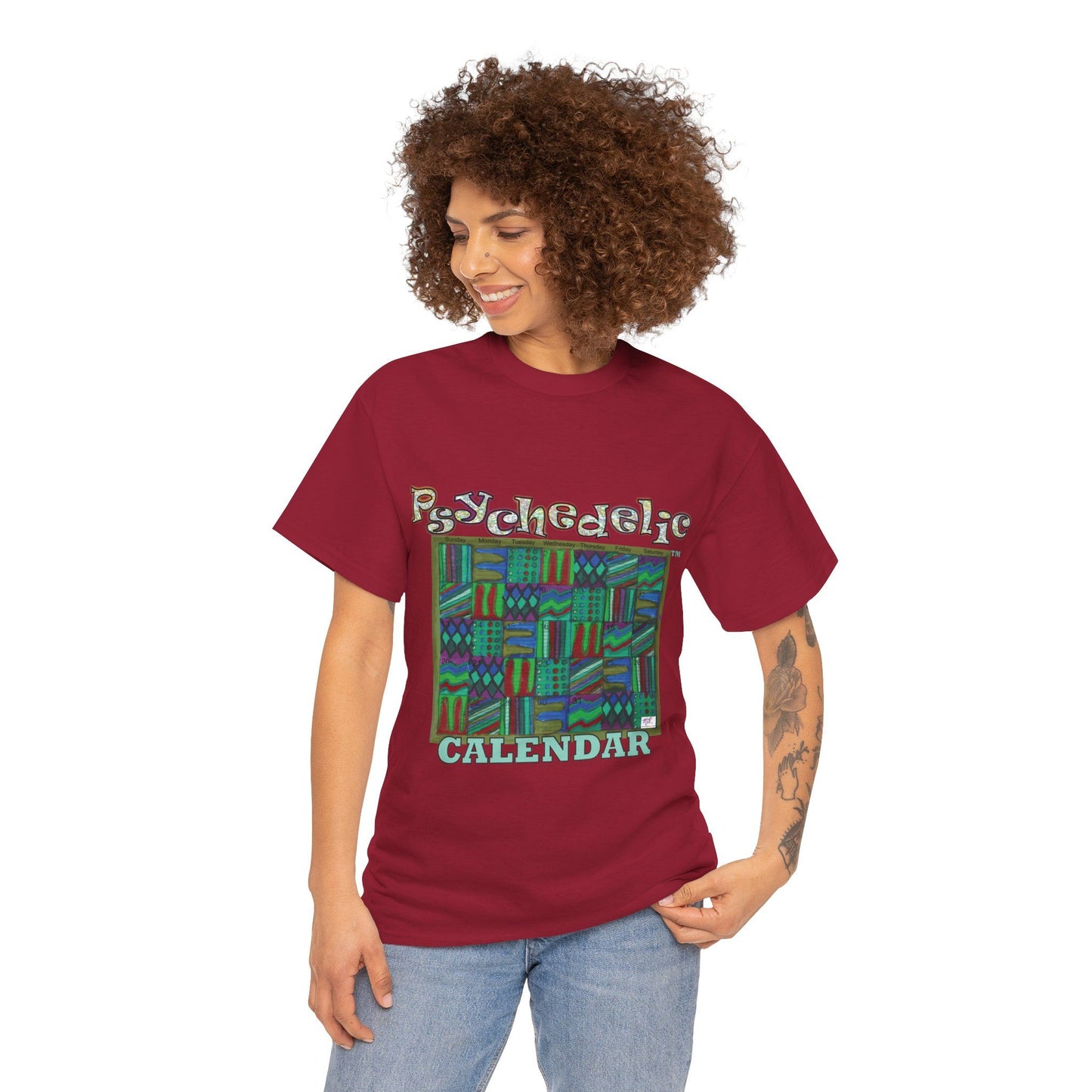 Unisex Heavy Cotton Tee - Psychedelic Calendar tm -Chilled tm - MiE Designs Shop miedesignsshop.com Moodiest patterned mosaic calendar. Model wears design on cardinal red T-shirt.