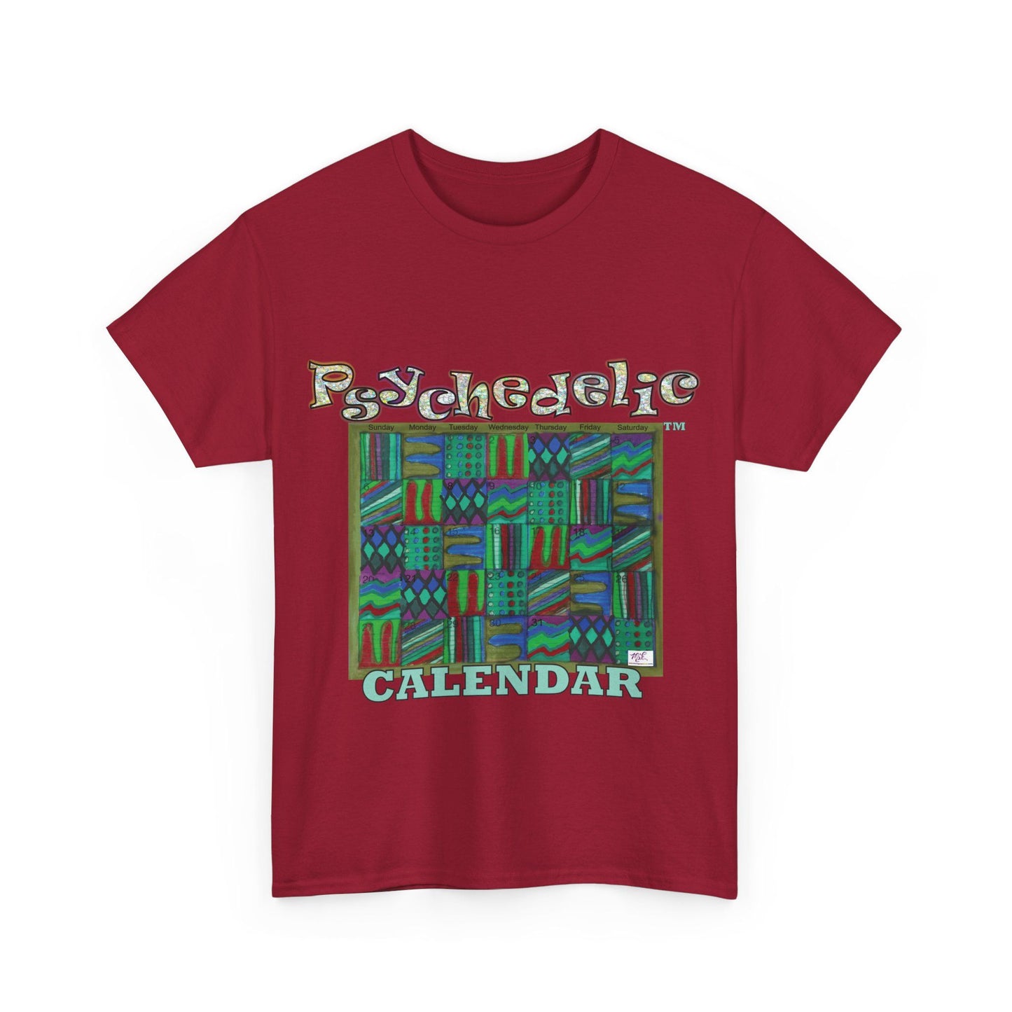 Unisex Heavy Cotton Tee - Psychedelic Calendar tm -Chilled tm - MiE Designs Shop miedesignsshop.com Moodiest patterned mosaic calendar. Cardinal red T-shirt, sizes S-XL