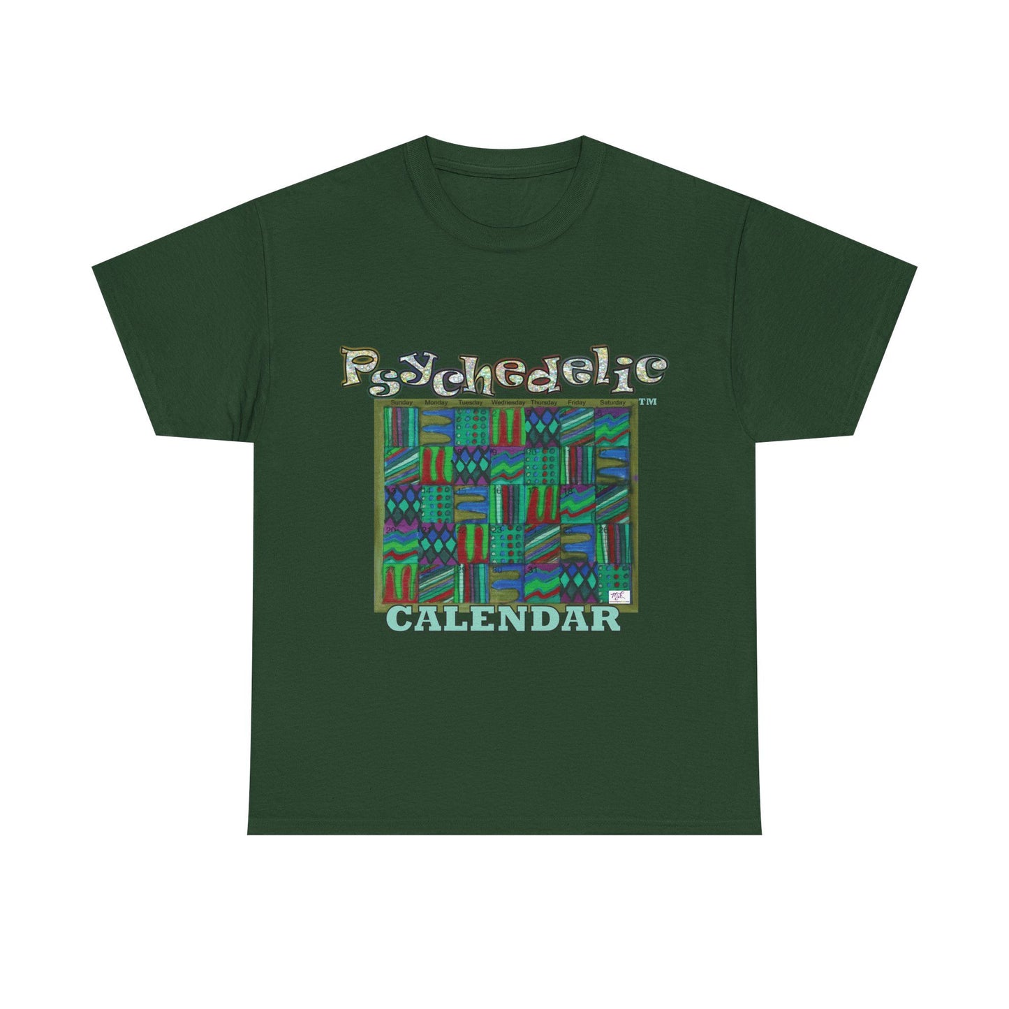 Unisex Heavy Cotton Tee - Psychedelic Calendar tm -Chilled tm - MiE Designs Shop miedesignsshop.com Moodiest patterned mosaic calendar. Forest green T-shirt, sizes 2XL-5XL