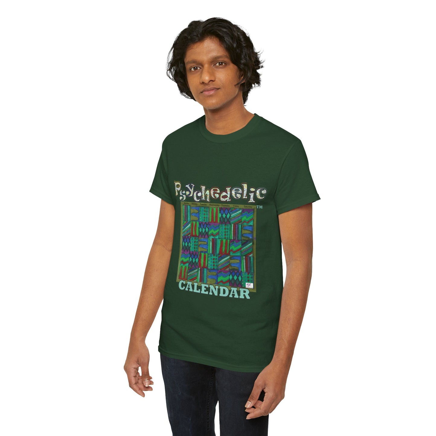 Unisex Heavy Cotton Tee - Psychedelic Calendar tm -Chilled tm - MiE Designs Shop miedesignsshop.com Moodiest patterned mosaic calendar. Model wears design on forest green T-shirt.