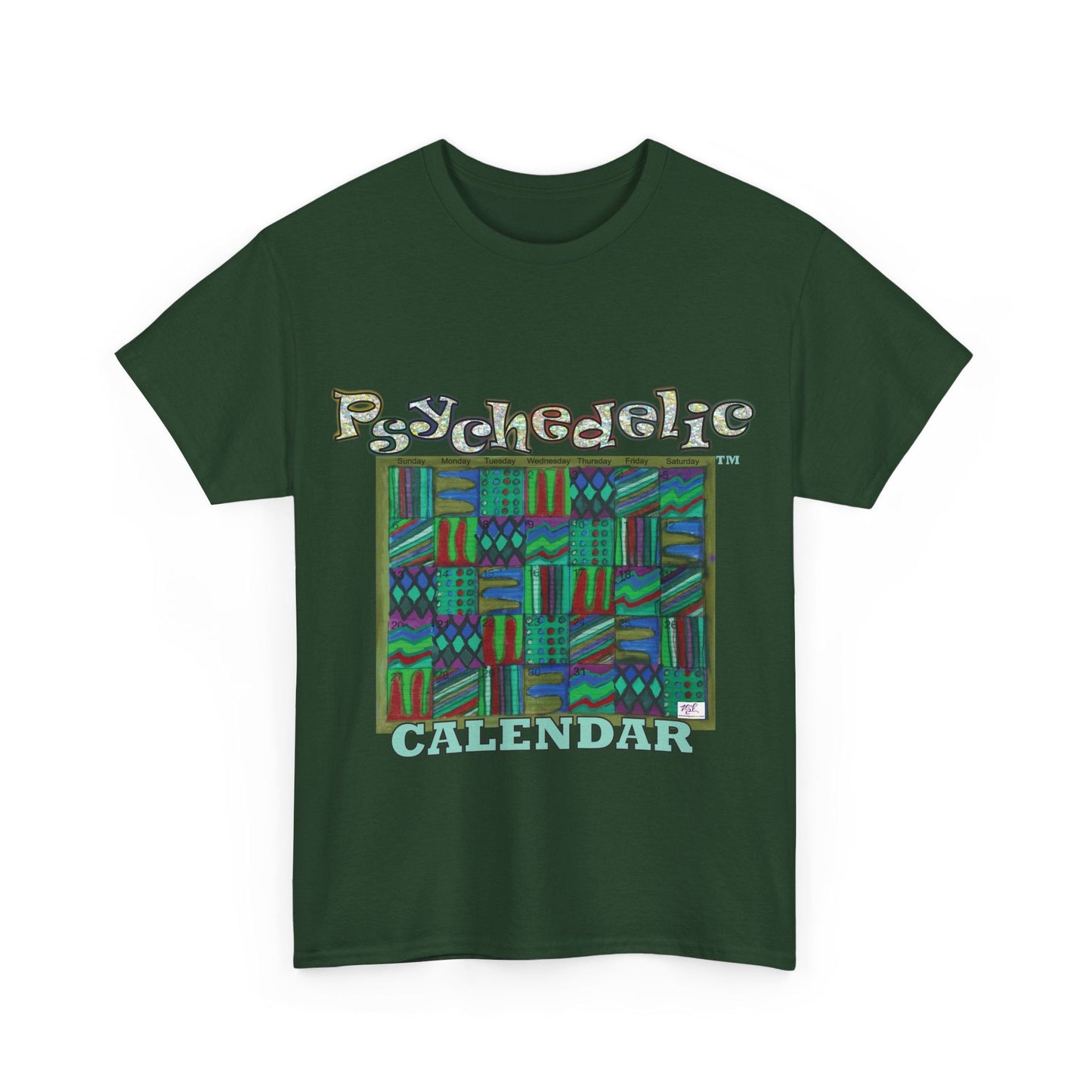 Unisex Heavy Cotton Tee - Psychedelic Calendar tm -Chilled tm - MiE Designs Shop miedesignsshop.com Moodiest patterned mosaic calendar. Forest green T-shirt, sizes S-XL