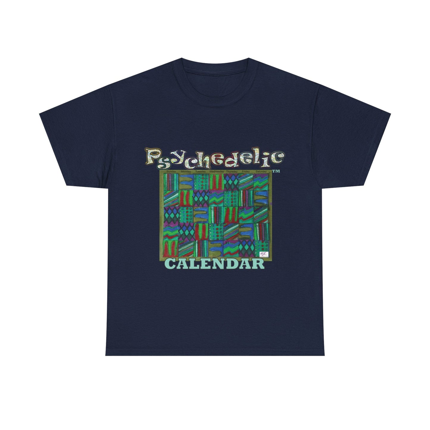 Unisex Heavy Cotton Tee - Psychedelic Calendar tm -Chilled tm - MiE Designs Shop miedesignsshop.com Moodiest patterned mosaic calendar. Flat navy blue T-shirt, sizes 2XL-5XL