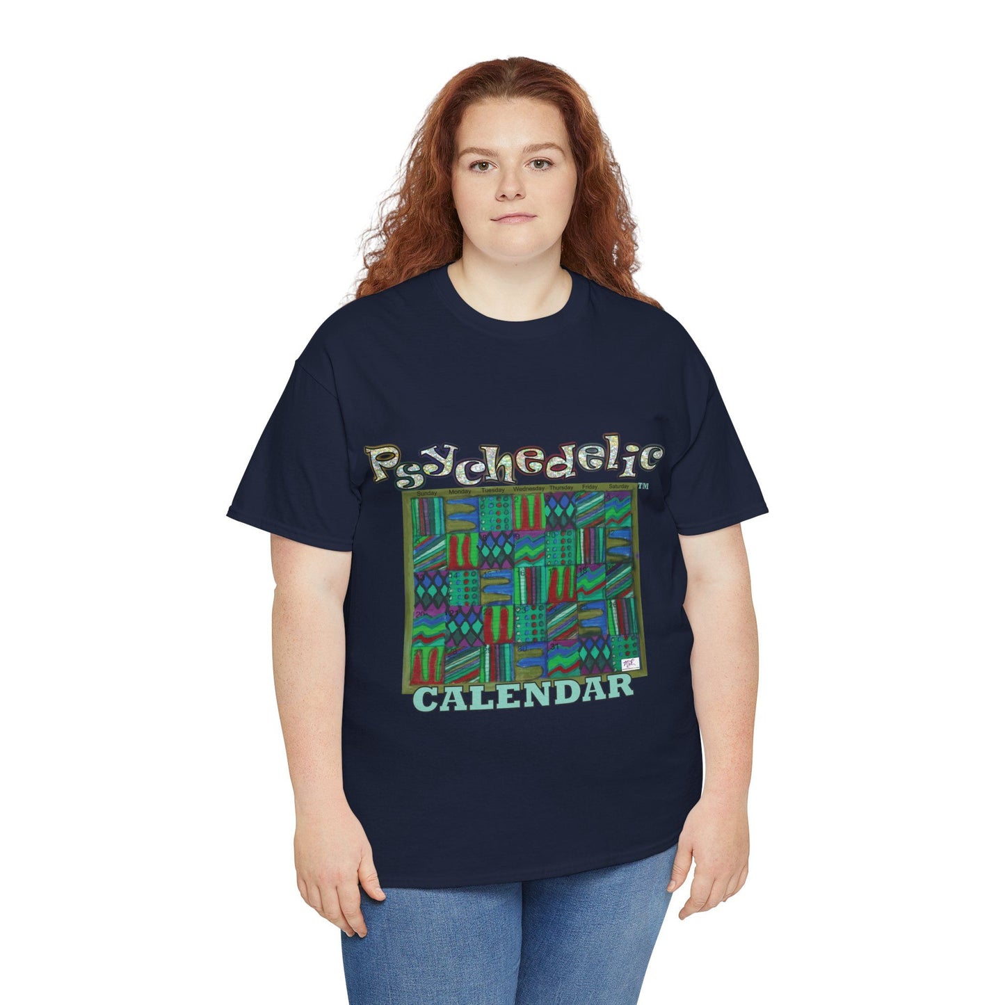 Unisex Heavy Cotton Tee - Psychedelic Calendar tm -Chilled tm - MiE Designs Shop miedesignsshop.com Moodiest patterned mosaic calendar. Model wears design on navy blue T-shirt.