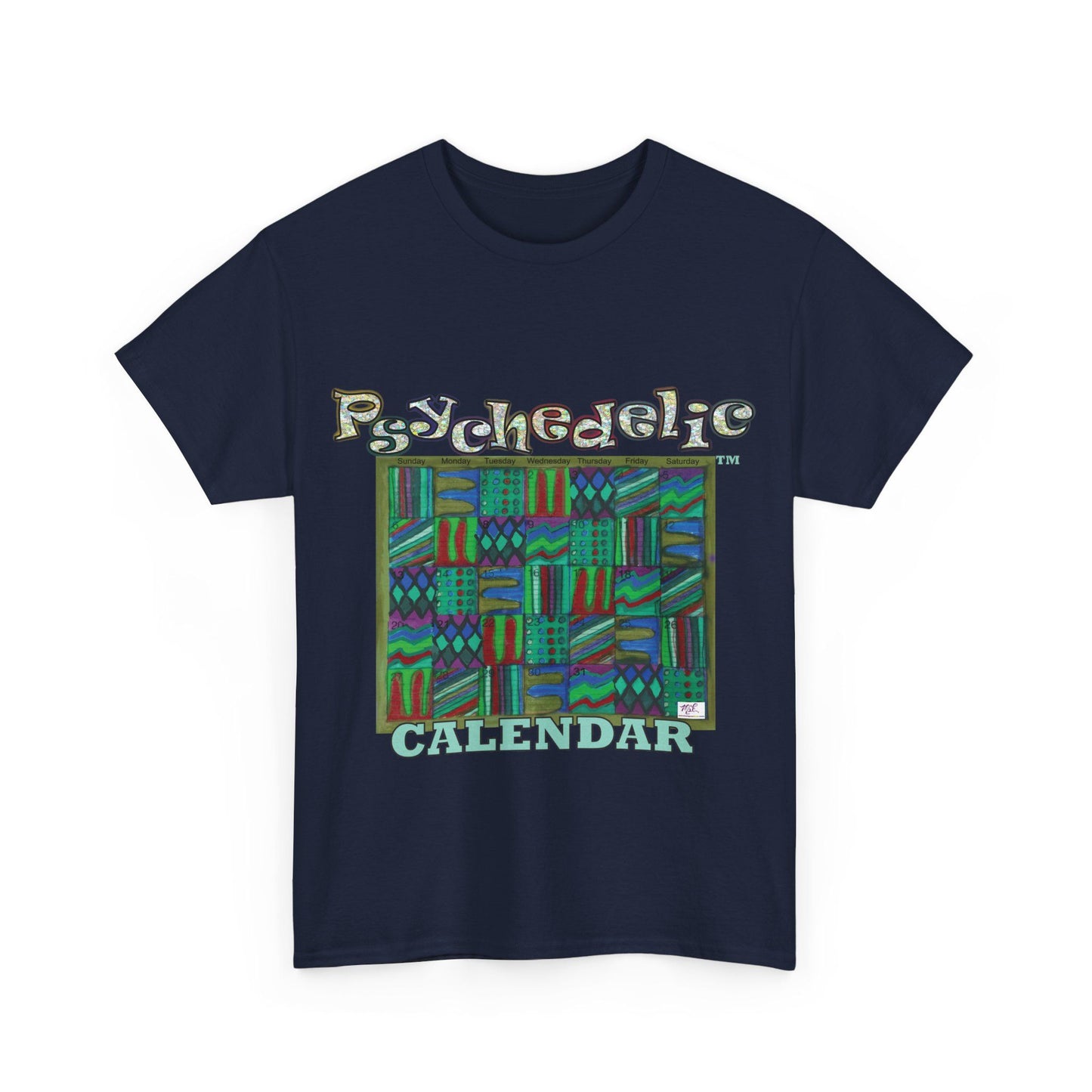 Unisex Heavy Cotton Tee - Psychedelic Calendar tm -Chilled tm - MiE Designs Shop miedesignsshop.com Moodiest patterned mosaic calendar. Flat navy blue T-shirt, sizes S-XL
