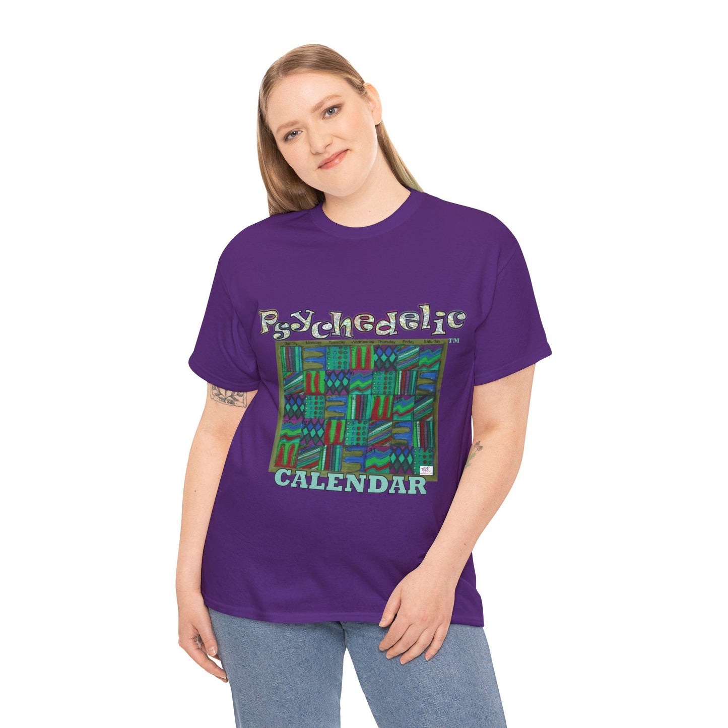 Unisex Heavy Cotton Tee - Psychedelic Calendar tm -Chilled tm - MiE Designs Shop miedesignsshop.com Moodiest patterned mosaic calendar. Model wears design on purple T-shirt.