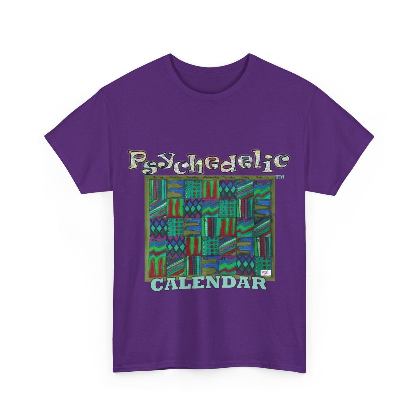 Unisex Heavy Cotton Tee - Psychedelic Calendar tm -Chilled tm - MiE Designs Shop miedesignsshop.com Moodiest patterned mosaic calendar. Purple T-shirt, sizes S-XL