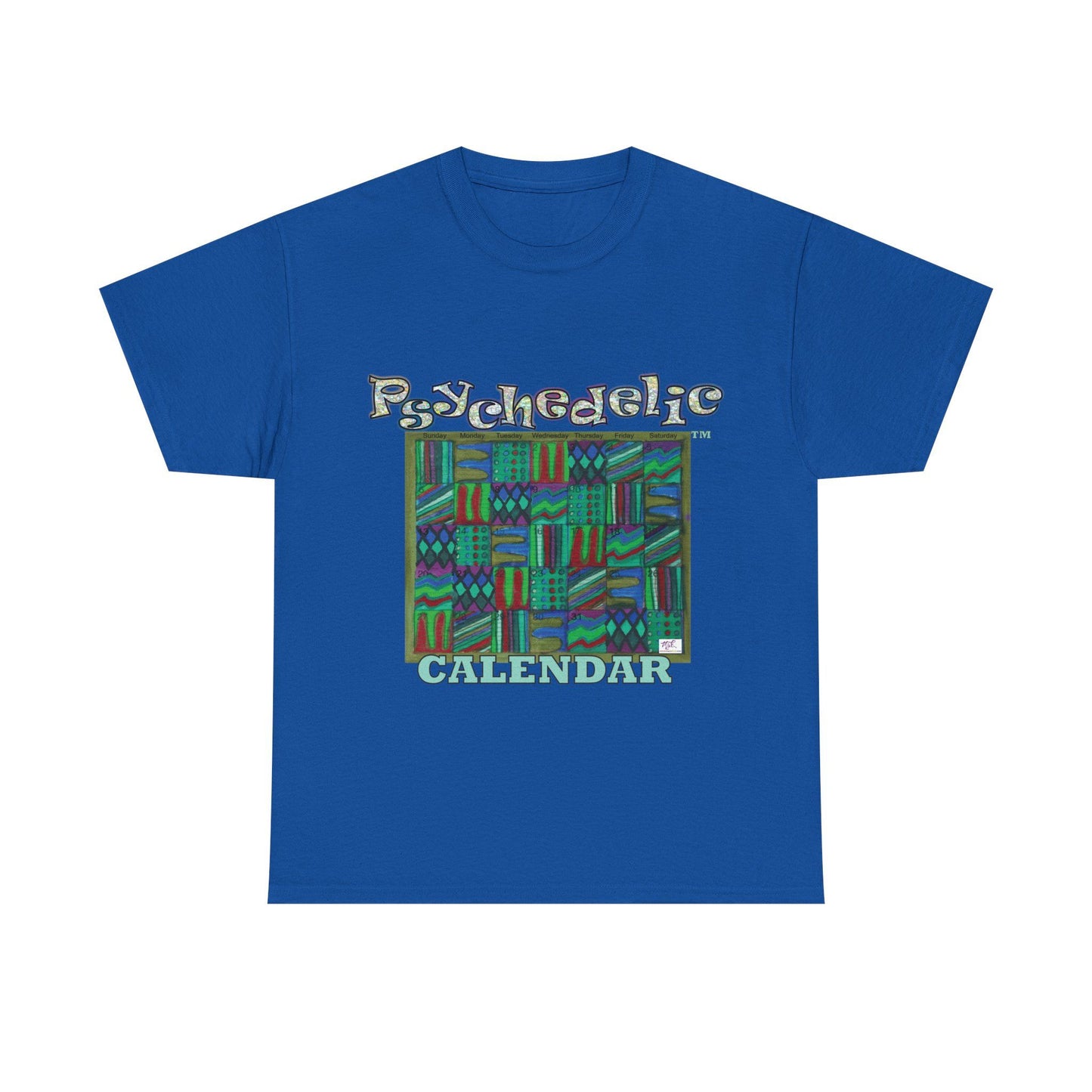 Unisex Heavy Cotton Tee - Psychedelic Calendar tm -Chilled tm - MiE Designs Shop miedesignsshop.com Moodiest patterned mosaic calendar. Royal blue T-shirt, sizes 2XL-5XL
